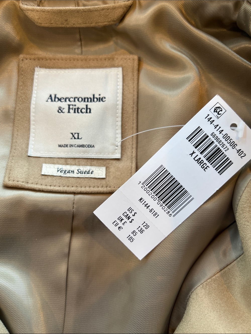 A & F Slim Zip Vegan Suede Tan Jacket Size XL - Picture 5 of 9